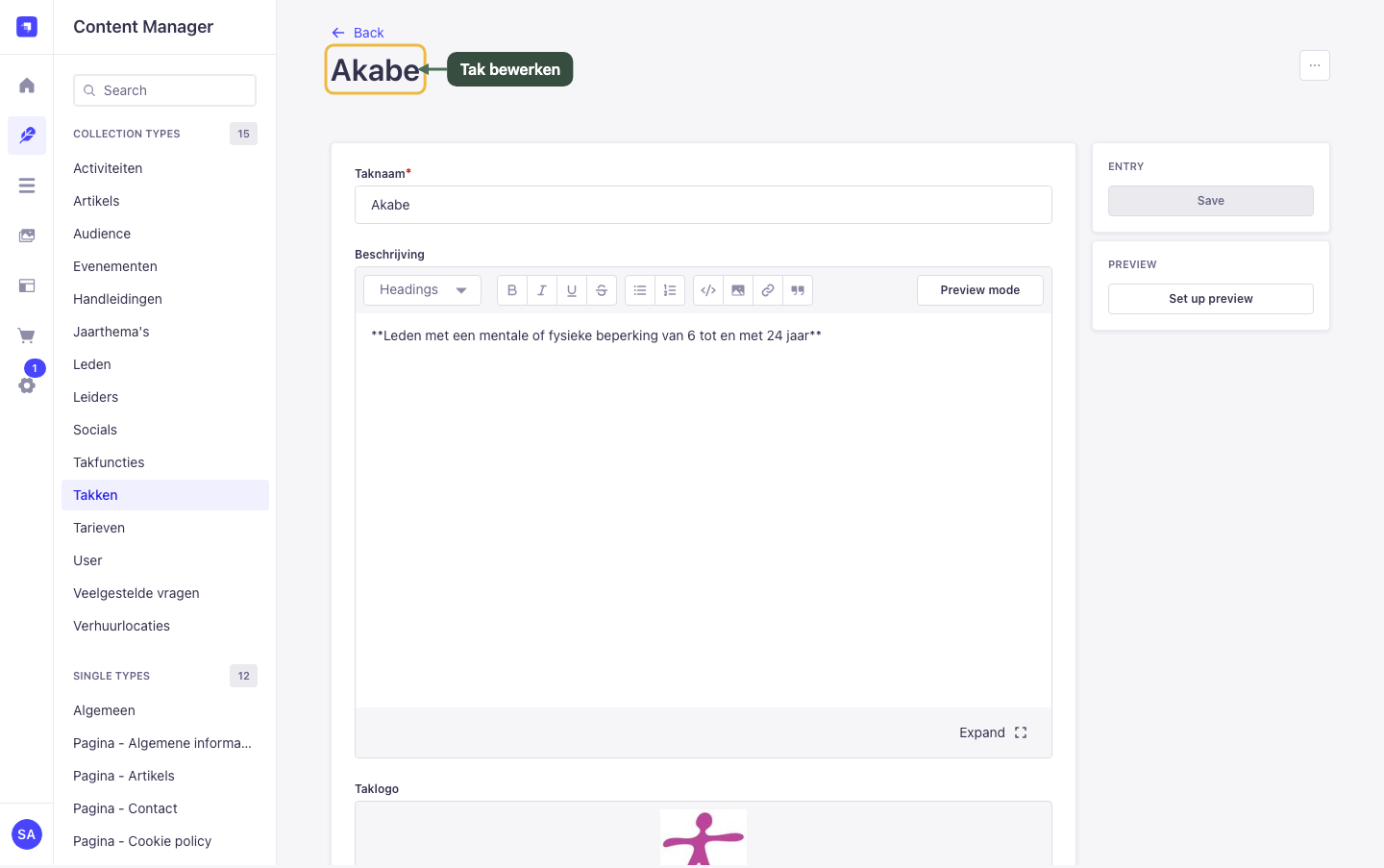 Eén tak bewerken in het CMS