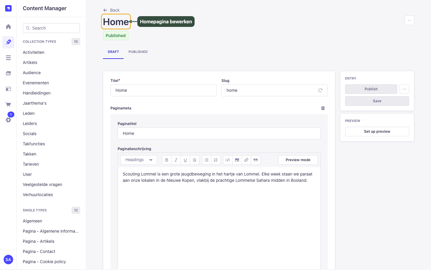 De homepage bewerken in het CMS