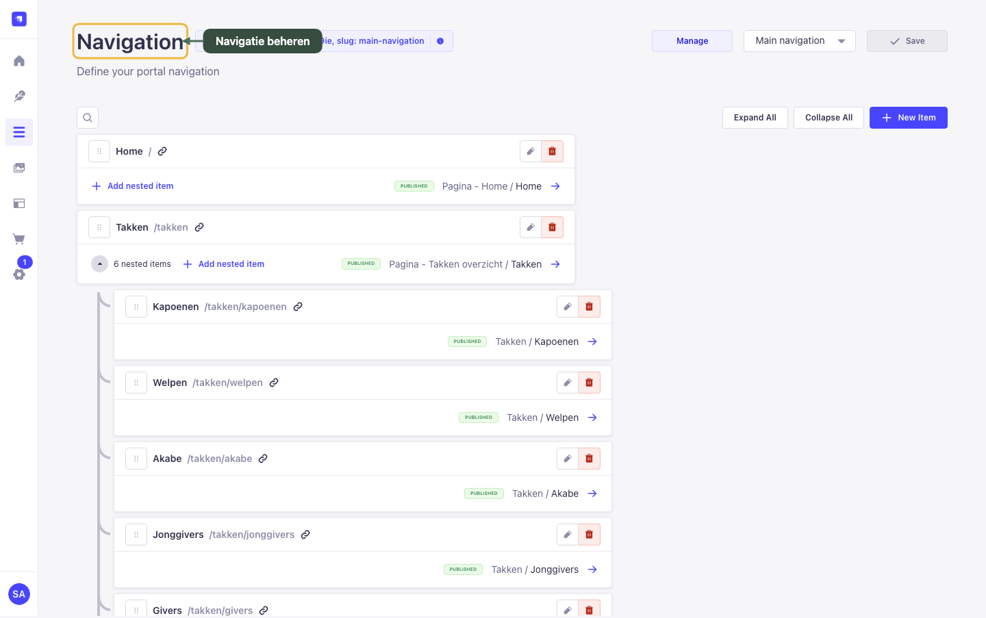 De navigatie van de website beheren in het CMS